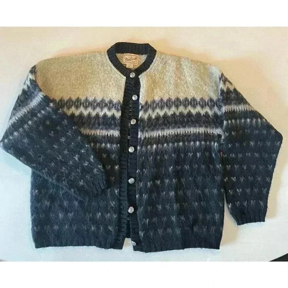 WOOLRICH Women’s Fair isle Nordic Wool Sweater Silver Button XL Blue USA Vintage - Picture 1 of 3